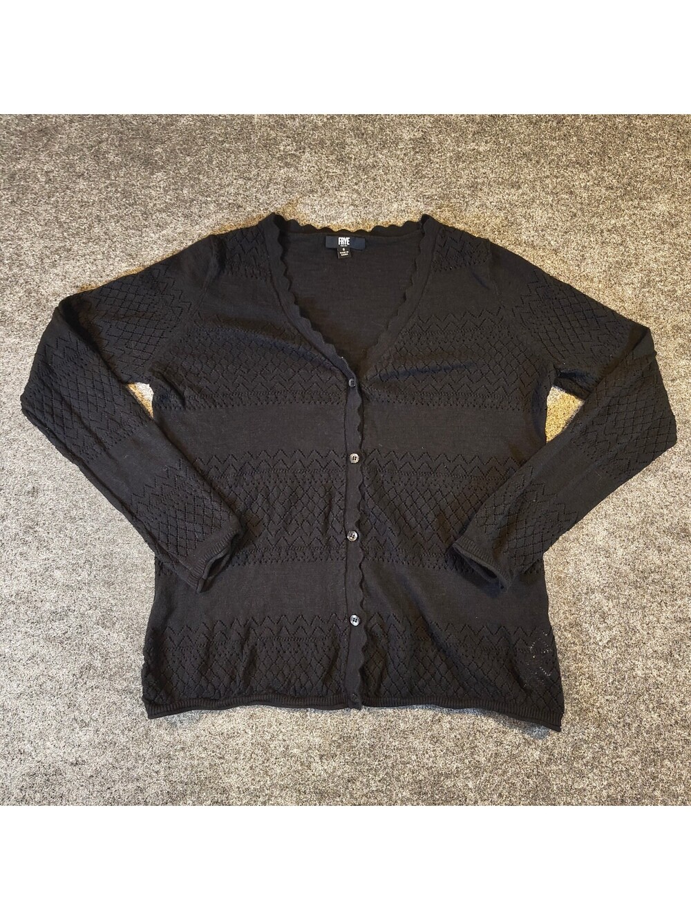 FRYE Womens Black 100% Cotton Scallop Trim V-Neck Knit Cardigan Sweater Small